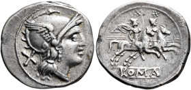 Anonymous, circa 211-208 BC. Denarius (Silver, 21 mm, 3.48 g, 6 h), Rome. Head of Roma to right, wearing winged and crested helmet; behind, X (mark of...