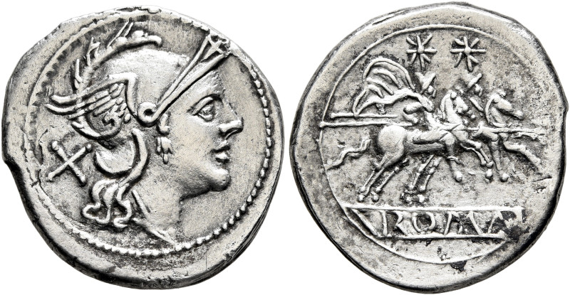 Anonymous, circa 211-208 BC. Denarius (Silver, 21 mm, 4.32 g, 12 h), Rome. Head ...