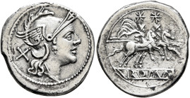 Anonymous, circa 211-208 BC. Denarius (Silver, 21 mm, 4.32 g, 12 h), Rome. Head of Roma to right, wearing winged helmet, pendant earring and pearl nec...