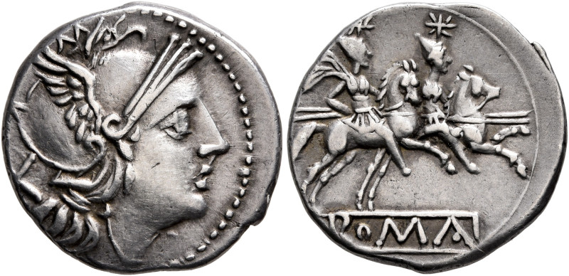 Anonymous, circa 211-208 BC. Denarius (Silver, 19 mm, 4.00 g, 6 h), Rome. Head o...