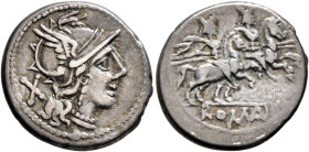 Anonymous, circa 211-208 BC. Denarius (Silver, 19 mm, 3.61 g, 6 h), Rome. Head of Roma to right, wearing winged helmet, pendant earring and pearl neck...