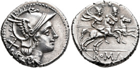 Anonymous, circa 211-208 BC. Denarius (Silver, 20 mm, 4.09 g, 5 h), Rome. Head of Roma to right, wearing winged and crested helmet; behind, X (mark of...