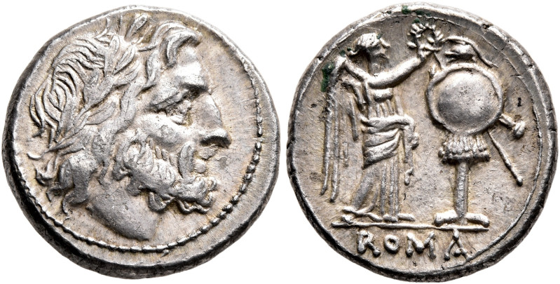 Anonymous, circa 211-208 BC. Victoriatus (Silver, 16 mm, 3.33 g, 4 h), uncertain...