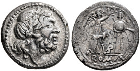 Anonymous, circa 211-208 BC. Victoriatus (Silver, 17 mm, 2.90 g, 7 h), uncertain mint. Laureate head of Jupiter to right. Rev. ROMA Victory standing f...