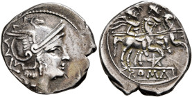 Anonymous, circa 206-200. Denarius (Silver, 19 mm, 3.54 g, 1 h), uncertain mint. Head of Roma to right, wearing winged helmet, pendant earring and pea...
