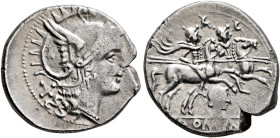 Anonymous, circa 206-200. Denarius (Silver, 19 mm, 3.51 g, 5 h), uncertain mint. Head of Roma to right, wearing winged helmet, pendant earring and pea...