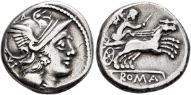 Anonymous, 157-156 BC. Denarius (Silver, 16 mm, 3.81 g, 7 h), Rome. Head of Roma to right, wearing winged helmet, pendant earring and pearl necklace; ...