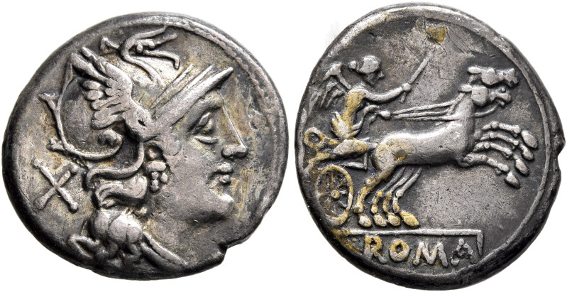 Anonymous, 157-156 BC. Denarius (Silver, 18 mm, 3.84 g, 3 h), Rome. Head of Roma...