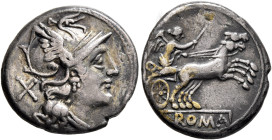Anonymous, 157-156 BC. Denarius (Silver, 18 mm, 3.84 g, 3 h), Rome. Head of Roma to right, wearing winged helmet, triple pendant earring and pearl nec...