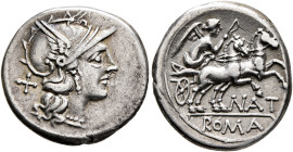 Pinarius Natta, 149 BC. Denarius (Silver, 19 mm, 3.62 g, 9 h), Rome. Head of Roma to right, wearing winged helmet, pendant earring and pearl necklace;...