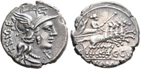 C. Curiatius Trigeminus, 142 BC. Denarius (Silver, 19 mm, 4.07 g, 3 h), Rome. TRIGE Head of Roma to right, wearing winged helmet, pendant earring and ...