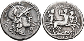 M. Aurelius Cotta, 139 BC. Denarius (Silver, 19 mm, 3.85 g, 6 h), Rome. COTA Head of Roma to right, wearing winged helmet, pendant earring and pearl n...