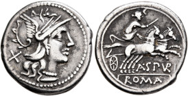 A. Spurilius, 139 BC. Denarius (Silver, 19 mm, 3.92 g, 6 h), Rome. Roma to right, wearing winged helmet, pendant earring and pearl necklace; behind, X...