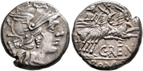 C. Renius, 138 BC. Denarius (Silver, 17 mm, 3.79 g, 3 h), Rome. Head of Roma to right, wearing crested and winged helmet; behind, X (mark of value). R...