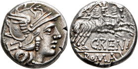 C. Renius, 138 BC. Denarius (Silver, 17 mm, 3.78 g, 3 h), Rome. Head of Roma to right, wearing crested and winged helmet; behind, X (mark of value). R...