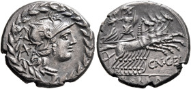 Cn. Gellius, 138 BC. Denarius (Silver, 19 mm, 3.90 g, 12 h), Rome. Head of Roma to right, wearing winged helmet, pendant earring and pearl necklace; b...