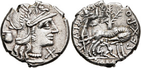 Sex. Pompeius Fostlus, 137 BC. Denarius (Silver, 19 mm, 3.92 g, 12 h), Rome. Head of Roma to right, wearing crested and winged helmet; behind, jug; to...