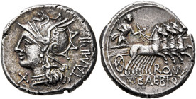 M. Baebius Q.f. Tampilus, 137 BC. Denarius (Silver, 19 mm, 3.92 g, 4 h), Rome. TAMPIL Head of Roma to left, wearing winged helmet and pendant earring;...