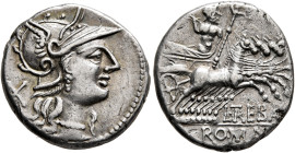 L. Trebanius, 135 BC. Denarius (Silver, 19 mm, 3.84 g, 9 h), Rome. Head of Roma to right, wearing winged helmet, pendant earring and pearl necklace; b...