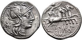 P. Maenius Antiacus M.f, 132 BC. Denarius (Silver, 19 mm, 3.76 g, 6 h), Rome. Head of Roma to right, wearing winged helmet, pendant earring and pearl ...