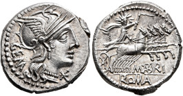 M. Aburius M.f. Geminus, 132 BC. Denarius (Silver, 20 mm, 3.94 g, 4 h), Rome. GEM Head of Roma to right, wearing winged helmet; behind, GEM; to right,...