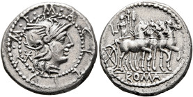 M. Acilius M.f, 130 BC. Denarius (Silver, 18 mm, 3.62 g, 3 h), Rome. M•ACILIVS•M•F Head of Roma to right, wearing crested and winged helmet; behind, s...