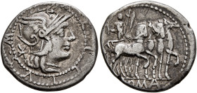 M. Acilius M.f, 130 BC. Denarius (Silver, 19 mm, 3.79 g, 6 h), Rome. [M]•ACILIVS•M•[F] Head of Roma to right, wearing crested and winged helmet; behin...