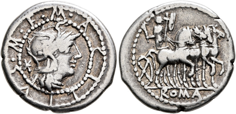 M. Acilius M.f, 130 BC. Denarius (Silver, 20 mm, 3.84 g, 12 h), Rome. M•ACILIVS•...