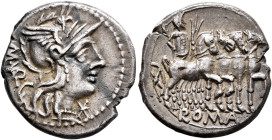 M. Vargunteius, 130 BC. Denarius (Silver, 19 mm, 3.91 g, 6 h), Rome. M• VAR G Head of Roma to right, wearing winged helmet, pendant earring and pearl ...