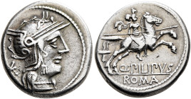 Q. Philippus, 129 BC. Denarius (Silver, 18 mm, 3.78 g, 11 h), Rome. Head of Roma to right, wearing winged helmet, pendant earring and pearl necklace; ...