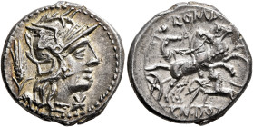 Cn. Domitius Ahenobarbus, 128 BC. Denarius (Silver, 18 mm, 3.94 g, 6 h), Rome. Head of Roma to right, wearing winged helmet; behind, grain ear; before...