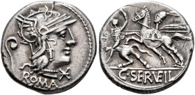 C. Servilius Vatia, 127 BC. Denarius (Silver, 18 mm, 3.91 g, 8 h), Rome. Head of Roma to right, wearing winged helmet; behind, lituus; before, star (m...