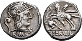 C. Servilius Vatia, 127 BC. Denarius (Silver, 18 mm, 3.91 g, 9 h), Rome. Head of Roma to right, wearing winged helmet; behind, lituus; before, star (m...