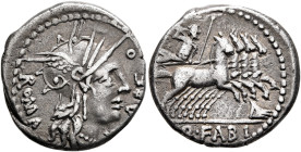 Q. Fabius Labeo, 124 BC. Denarius (Silver, 18 mm, 3.75 g, 3 h), Rome. LABEO - ROMA Head of Roma to right, wearing crested and winged helmet; to right,...