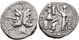 M. Furius L.f. Philus, 120 BC. Denarius (Silver, 19 mm, 3.79 g, 9 h), Rome. M FOVRI•L•F Laureate head of Janus. Rev. ROMA / PH L I Roma standing front...