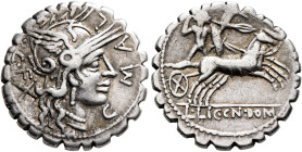 C. Malleolus C.f, 118 BC. Denarius (Silver, 20 mm, 3.91 g, 1 h), Narbo. C•MALLE•C•F• Head of Roma to right, wearing winged helmet; behind, x (mark of ...