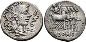 Cn. Domitius Ahenobarbus, 116-115 BC. Denarius (Silver, 19 mm, 3.89 g, 10 h), Rome. ROMA Head of Roma to right, wearing winged helmet, pendant earring...