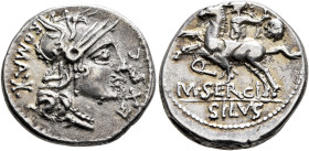 M. Sergius Silus, 116-115 BC. Denarius (Silver, 20 mm, 3.94 g, 8 h), Rome. ROMA - EX•S•C• Head of Roma to right within laurel wreath, wearing winged h...
