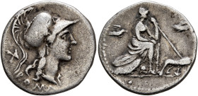 Anonymous, 115-114 BC. Denarius (Silver, 19 mm, 3.83 g, 7 h), Rome. ROMA Head of Roma to right, wearing winged and crested Corinthian helmet; behind, ...
