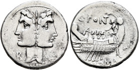 C. Fonteius, 114-113 BC. Denarius (Silver, 20 mm, 3.85 g, 5 h), Rome. Laureate, janiform head of the Dioscuri; to lower left, B; to lower right, star ...