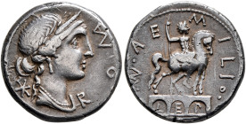 Man. Aemilius Lepidus, 114-113 BC. Denarius (Silver, 17 mm, 3.88 g, 7 h), Rome. Laureate head of Roma to right, wearing winged helmet, pendant earring...