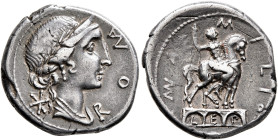 Man. Aemilius Lepidus, 114-113 BC. Denarius (Silver, 20 mm, 3.86 g, 4 h), Rome. ROMA Laureate and draped bust of Roma to right; behind, star (mark of ...