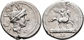 L. Philippus, 113-112 BC. Denarius (Silver, 20 mm, 3.85 g, 6 h), Rome. Head of Philip V of Macedon to right, wearing diademed royal Macedonian helmet ...