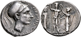 Cn. Blasio Cn.f, 112-111 BC. Denarius (Silver, 18 mm, 3.63 g, 7 h), Rome. CN BLASIO CN F Helmeted head of Mars to right; behind head, palm branch; abo...