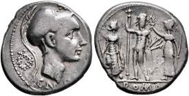Cn. Blasio Cn.f, 112-111 BC. Denarius (Silver, 19 mm, 4.01 g, 6 h), Rome. CN BLASIO CN F Helmeted head of Mars to right; behind head, wreath; above, s...