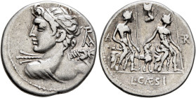 Lucius Caesius, 112-111 BC. Denarius (Silver, 20 mm, 3.81 g, 6 h), Rome. Draped bust of Vejovis to left, seen from behind, hurling thunderbolt with hi...
