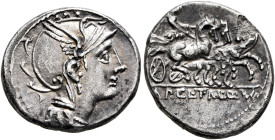 Appius Claudius Pulcher, T. Manlius Mancius and Q. Urbinius, 111-110 BC. Denarius (Silver, 17 mm, 3.73 g, 11 h), Rome. Head of Roma to right, wearing ...