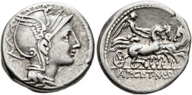 T. Manlius Mancinus, Appius Claudius Pulcher and Q. Urbinus, 111-110 BC. Denarius (Silver, 17 mm, 3.89 g, 1 h), Rome. Head of Roma to right, wearing w...