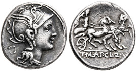 T. Manlius Mancinus, Appius Claudius Pulcher and Q. Urbinus, 111-110 BC. Denarius (Silver, 17 mm, 3.78 g, 4 h), Rome. Head of Roma to right, wearing w...