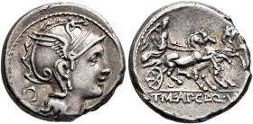 T. Manlius Mancinus, Appius Claudius Pulcher and Q. Urbinus, 111-110 BC. Denarius (Silver, 18 mm, 4.00 g, 6 h), Rome. Head of Roma to right, wearing w...